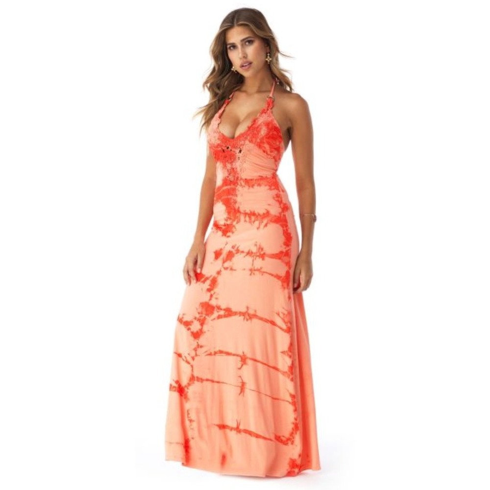 Sky Womens Peach Orange Tie Dye Crochet Lace Halter Maxi Dress Size L Open Back